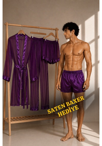 Qmen Style Erkek Şifon Kimono- Pijama - Şort Seti Mor
