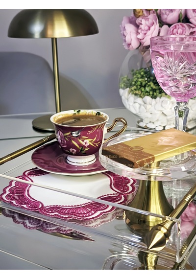 Majestik Magenta Dalgalı Nakış Peçete 2'li Set 15x15cm Premium Kokteyl Sunum Peçetesi Çok Renkli