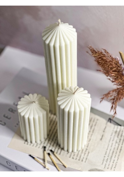Dekoratif Üçlü Set Çizgili Silindir Sütun Kokulu Vegan Soya Mum Beyaz