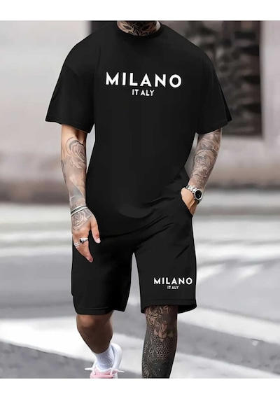 Milano Baskılı Özel Tasarım Oversize Alt Üst Takım Siyah