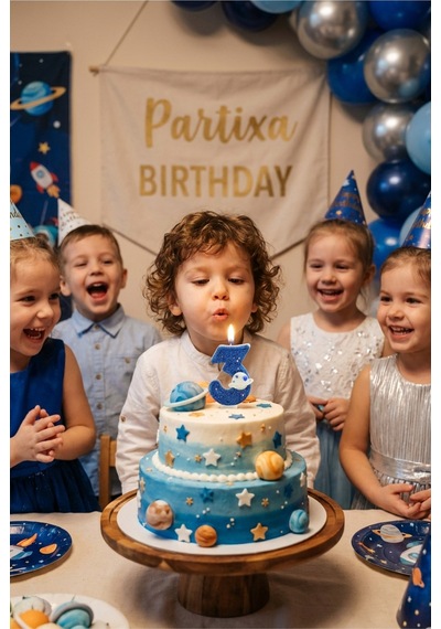 Gezegen Detaylı Simli Mavi Rakam Mum Doğum Günü Pasta Süsü