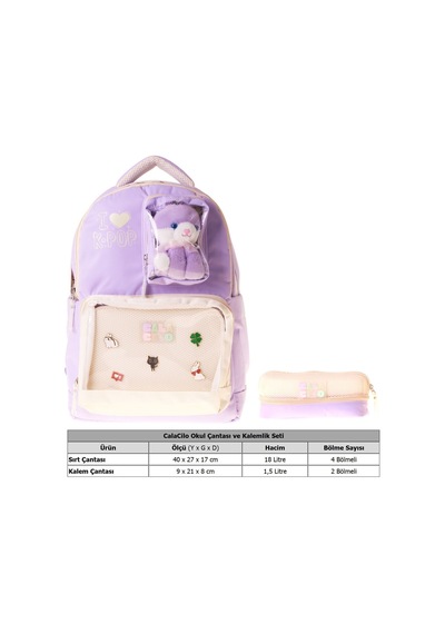 Calacilo K Pop Lilac Kız Çocuk K-pop Lilac Peluş Ayı Aksesuarlı Okul Sırt Çantası Ve Kalemlik Seti - Setcc-c4104c Lila
