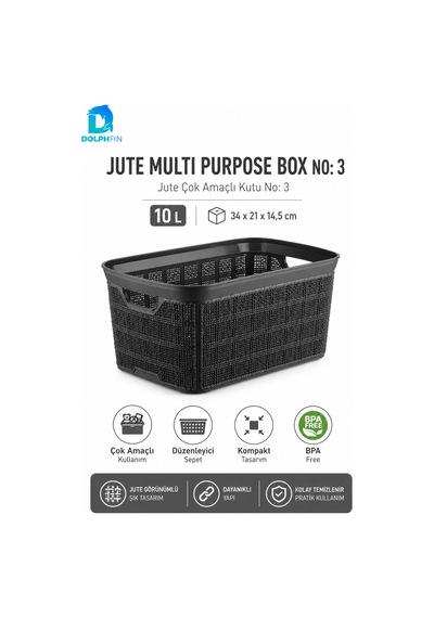 Jute Çok Amaçlı Kutu 10 L Plastik Mutfak Banyo Dolap İçi Düzenleyici Siyah