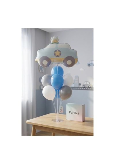 Retro Polis Arabası Balon Stand Seti Şeffaf 7 Li Stand + Retro Polis Arabası Figürlü Folyo Balon 56 50 Cm + 7 Lateks Balon