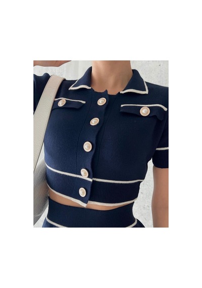 De Pose Kadın Lacivert Polo Yaka Inci Düğmeli Mini Etek Crop Ikili Takım