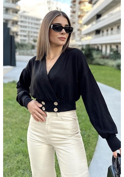 WeShaya Kadın Siyah Uzun Balon Kol, Düğme Detaylı, Kruvaze Bluz Ceket Siyah