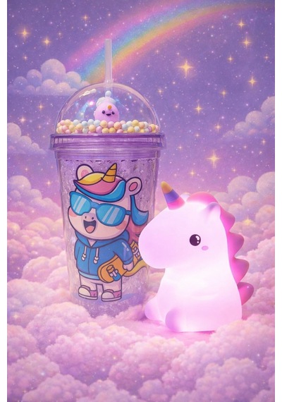 2 Li Set Işıklı Renkli Unicorn Figürlü Gece Lambası & Pipetli Boncuk Detaylı Suluk Bardak Mor 450 Ml Set