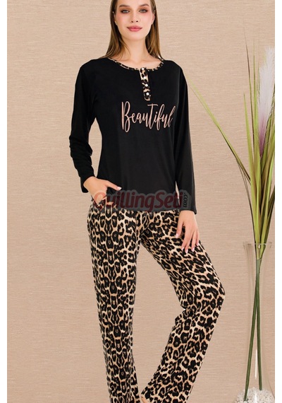 Siyah Renk, Leopar Desenli Lady 11647 Pamuk Viskon Kadın Uzun Kol Pijama Takımı Siyah - Sarı