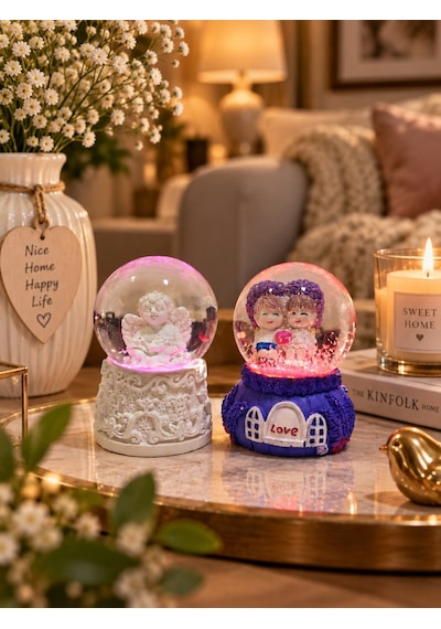 2' Li Set Işıklı Kar Küresi 6,5 Cm Dekoratif Melek Ve Sevgililer Kar Küresi Sevgiliye Eşe Hediye