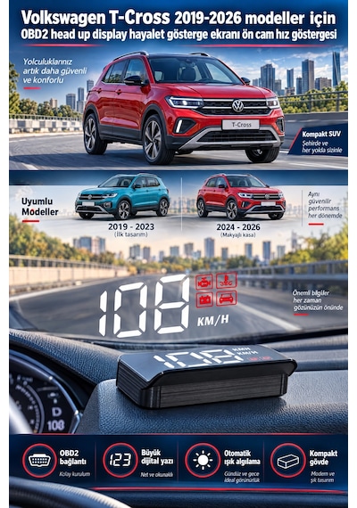 Volkswagen T-cross 2019-2026 Modeller İçin Obd2 Head Up Display Hayalet Gösterge Ekranı Ön Cam Hız Göstergesi