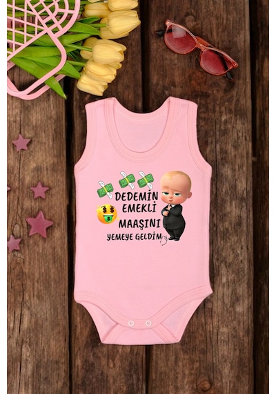 Bebetospik %100 Pamuklu Dedemim Emekli Maaşını Yemeye Geldim Baskılı Yumuşak Doku Baskılı Zıbın & Body Pembe