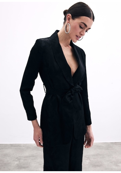 Sateen Bağlamalı Jakarlı Ceket - Siyah-135778 Siyah