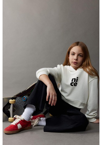 DeFacto Kız Çocuk Relax Fit Kapüşonlu Baskılı Sweatshirt E0462A825SPER85 Ekru