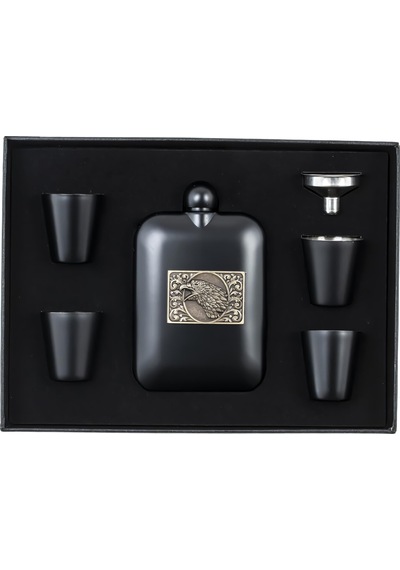 Lüks Kartal Logolu Paslanmaz Çelik İçki Matarası Avcı Kamp Outdoor Hediye Seti Cep Matarası 240 Ml. Siyah