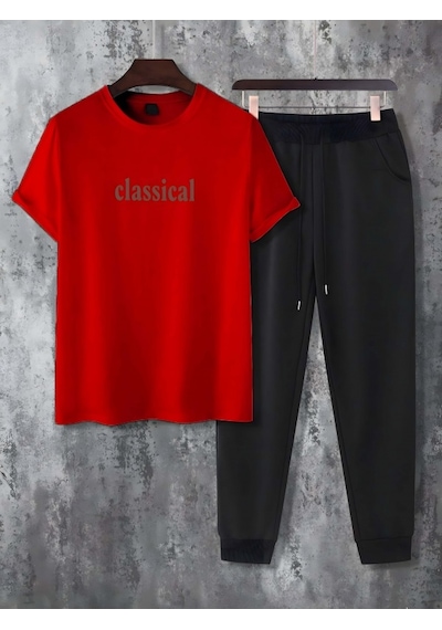 Uyguntarz Unisex 2'li Classical Baskılı Eşofman Takımı Kırmızı