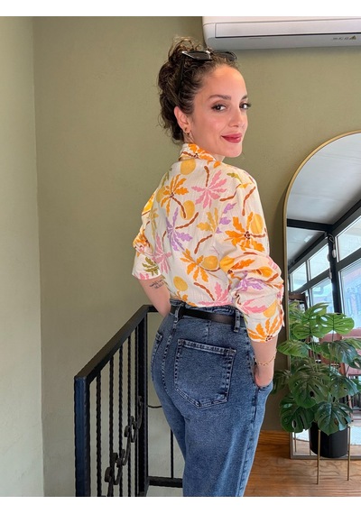 Ali Butik Desenli Önü Açık Crop Keten Gömlek