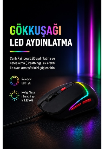 Dexim Dma027 M036p Kablolu Gökkuşağı Led Işıklı 6400 Dpı Gaming Mouse -