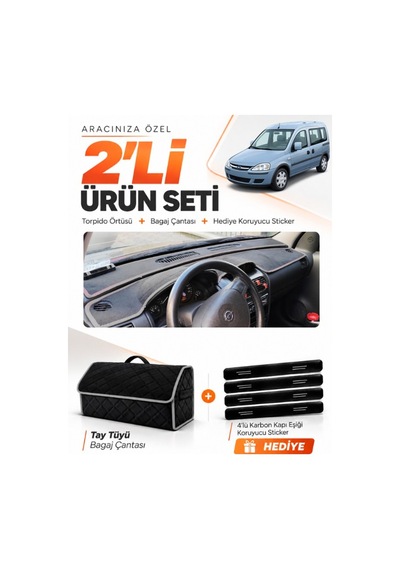 E-biz Opel Combo C 2001-2011 Uyumlu Torpido Örtüsü + Tay Tüyü Bagaj Çantası - Siyah-gri - Op007