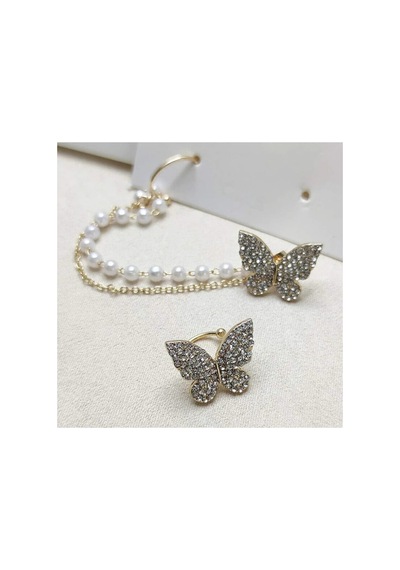 Lunarie Altın Zirkon Taşlı Kelebek İnci Zincir Ear Cuff Küpe