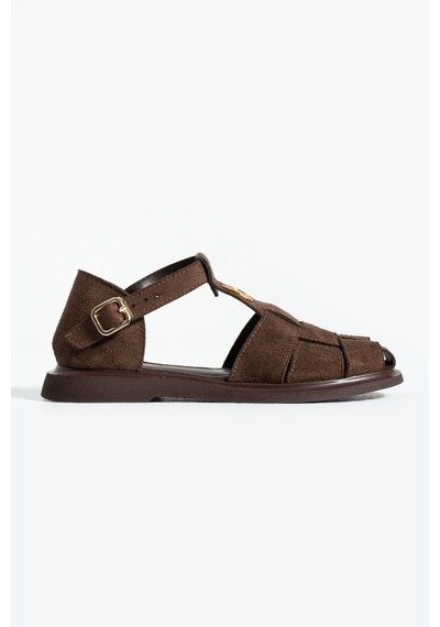 Duxal Shoes Frank Kadın Süet Kafes Sandalet - Yumuşak Tabanlı Tokalı Sandalet Acıkahve