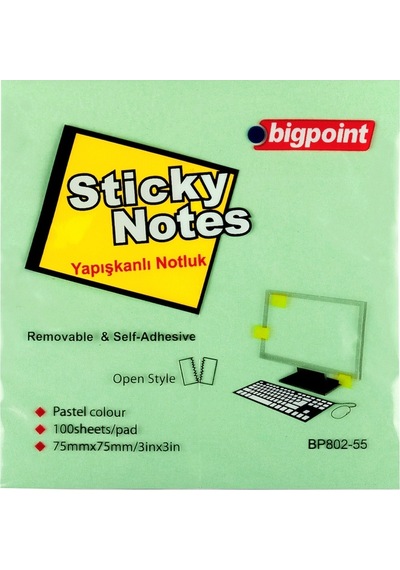 Bigpoint Yapışkanlı Not Kağıdı 75x75mm Yeşil 12'li Paket