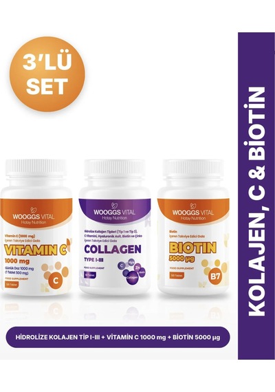 Hotay Nutrition Wooggs Vital Hidrolize Kollajen Tip 1-3 60 Tablet + Vitamin C 1000 Mg 120 Tablet + Biotin 5000 Mcg 3'lü