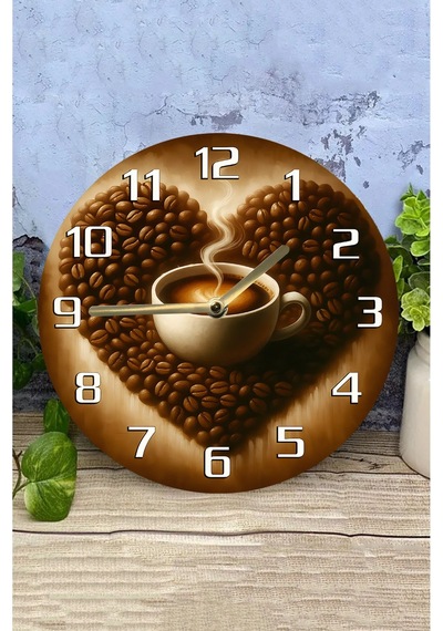 Sessiz Yuvarlak Ahşap Duvar Saati, Kuvars Coffe Desen 2d Sdw2021 Renkli