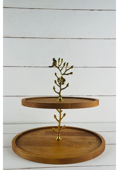 2 Katlı 25/30 Cm Gold Bahar Ahşap Kek Sunum Standı, Servis Sunum