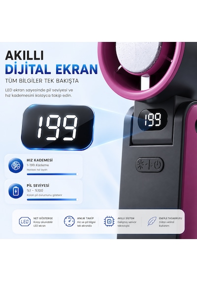 Y19s Taşınabilir Turbo Fan 199 Kademeli Şarjlı Mini Vantilatör Led Ekranlı Sessiz El Fanı