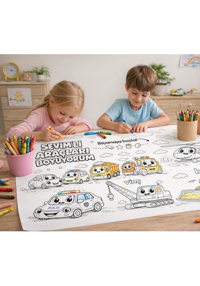 Sevimli Araçlar Boyama Rulosu 4 Metre Uzunluk 45 Cm Genişlik Dev Boyama Kağıdı Çocuklar Için Aktivite Rulosu