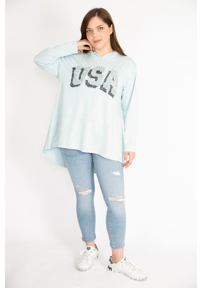 Şans Kadın Bebe Mavisi Büyük Beden Payet Detaylı Kapşonlu Arkası Uzun Sweatshirt-bebe Mavisi Bebek Mavisi