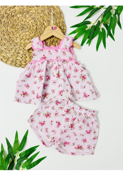 Alpbebe Quebec Minik Çiçekli Bie Detay Askılı Şortlu Müslin 2 Li Takım - Pembe Pembe