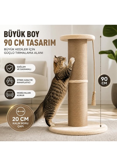 Tr Dev Büyük Boy Kedi Tırmalama Borusu, 20 Cm Çaplı 90 Cm Yüksek Gerginlik Azaltıcı Tırmalama Yüzeyli Üstten