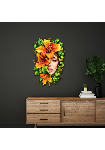Turuncu Zambaklı Kadın Portresi - Metal Tablo - Dec0276 53 X 80 Cm Çok Renkli
