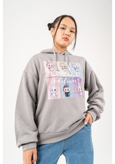 Kız Çocuk Labubu Baskılı 3 İplik Kışlık Şardonsuz Sweatshirt 4540 Gri