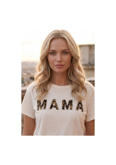 Kadın Ekru Mama Baskılı Leopar Desenli Basic Tişört Yumuşak Dokulu Rahat Pamuklu Yazlık T-shirt Bej