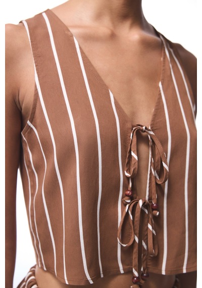 Penti Marea Çizgili Bağlama Detaylı V Yaka Crop Top Üst Çok Renkli