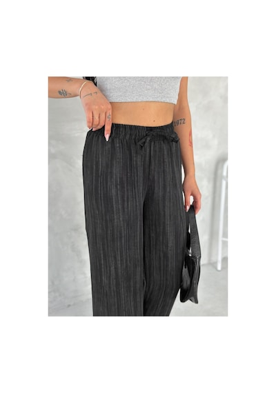Gugus Trend Kadın Beli Lastikli Bol Paça Wide Lige Eskitme Keten Pantolon Siyah