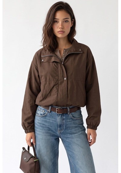 Mixray 2225 Kadın Dik Yaka Fermuarlı Krinkle Mevsimlik Ceket Kahve