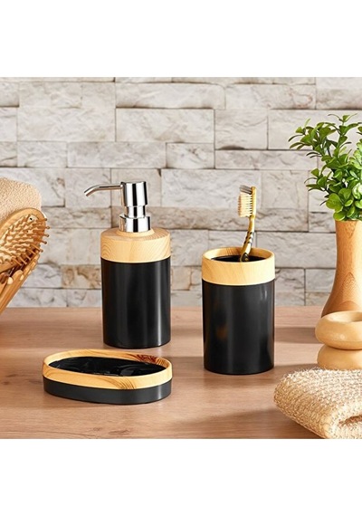 Bersachef Limpia Bambu Desenli 5'li Banyo Seti Çöp Kovası Sıvı Sabunluk Diş Fırçalık Kutusu Banyo Seti Siyah