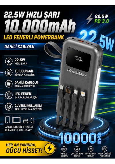10000mah 22.5w Hızlı Şarjlı Powerbank Usb Micro Type-c Girişli Led Işıklı Kendinden Kablolu Antrasit