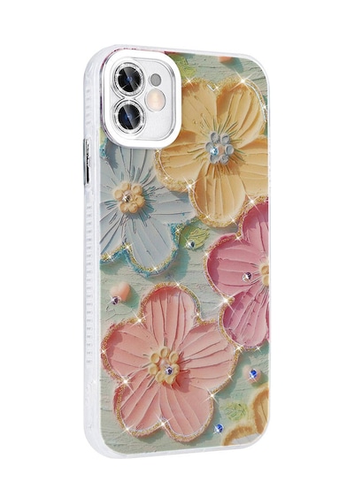 Apple Uyumlu iPhone 11 Kılıf Çiçek Desenli Parlak Taşlı Sert Silikon Tchs Garden Kapak - Pembe Açık Pembe Açık