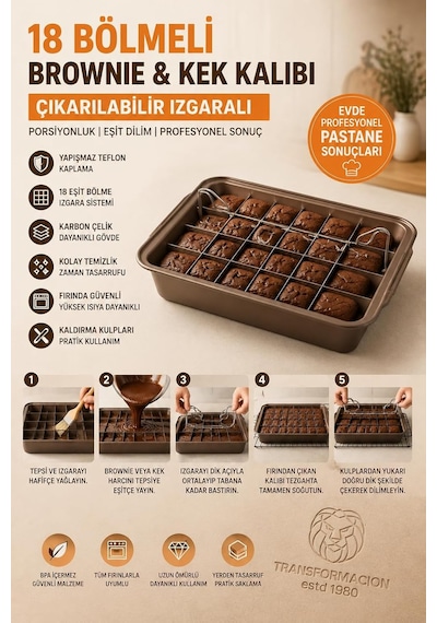 18 Bölmeli Yapışmaz Brownie Kek Kalıbı Çıkarılabilir Izgaralı Karbon Çelik Teflon Bölmeli Fırın Tepsisi Porsiyonluk Mini Kek Bar Kurabiye Hamur İşleri Kalıbı 723425 Çok Renkli