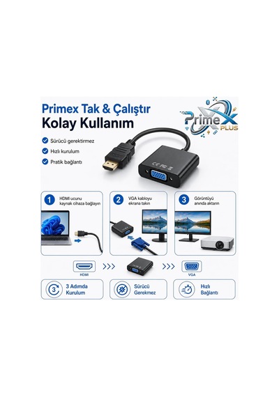 Primex Px-1240s Hdmı To Vga Çevirici Adaptör, Hdmı Erkek Vga Dişi, 30 Cm, Full Hd Görüntü Dönüştürücü