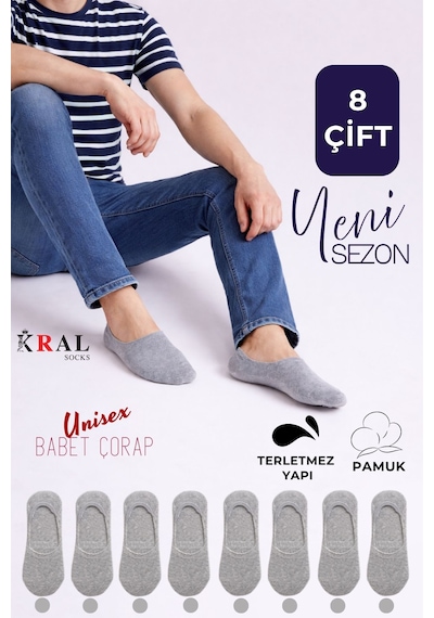 Kral Socks Kadın - Erkek Düz Desen 8'li Paket - 8 Çift Pamuklu Terletmez Babet Çorap Gri