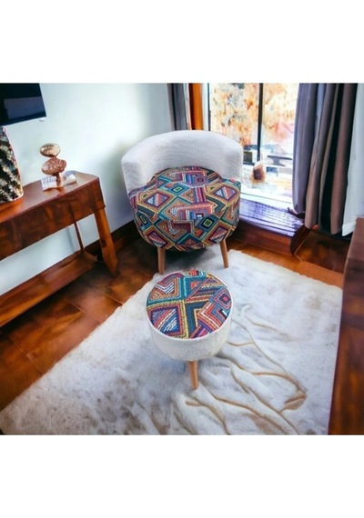 Çay Seti Tekli Koltuk Berjer Ve Puf Takımı Salon, Balkon, Ofis 2 Li Takım Beyaz Üst Etnik Desen