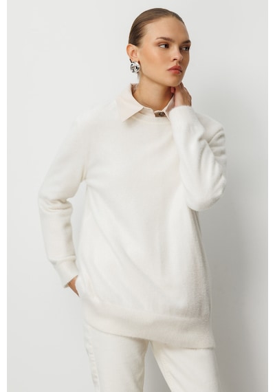 Mizalle Yuvarlak Yaka Oversize Yumuşak Dokulu Ekru Triko Kazak Ekru