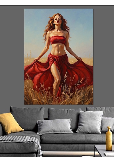 Kırmızı Elbiseli Seksi Pin-up Dekoratif Kanvas - Mdf Ahşap Tablo
