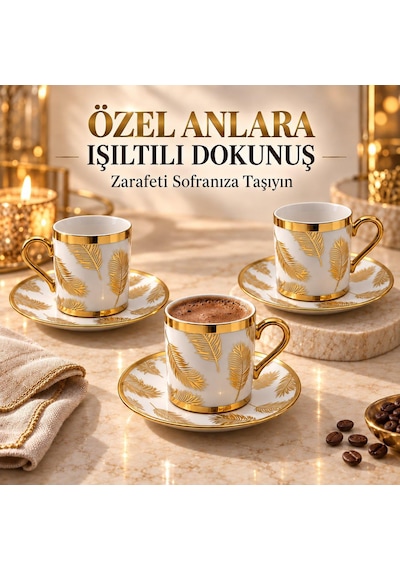 Valkyrie 12 Parça 6 Kişilik 80 Ml Türk Kahvesi Fincan Takımı Gold Yaprak Desenli K654-b
