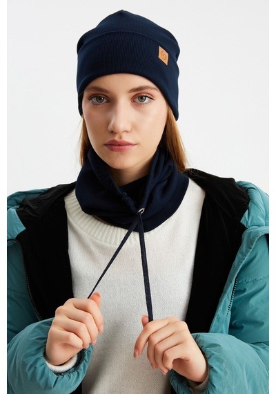Butikgiz Kadın Balıkçı Style Pamuklu Kaşkorse Terletmez Ultra Hafif Yumuşak Bere Boyunluk Takım Lacivert